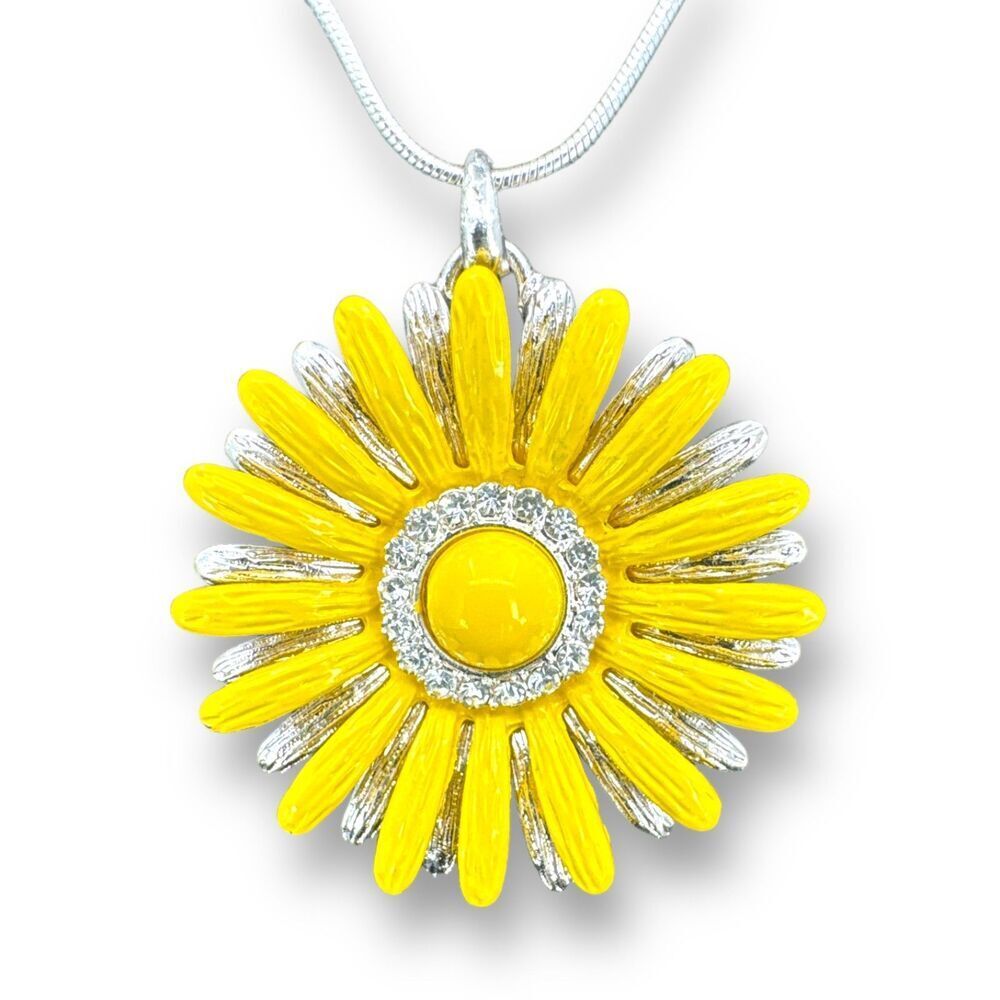 Sunflower Enamel with Rhinestone Pendant Snake Chain Silver Plated Necklace